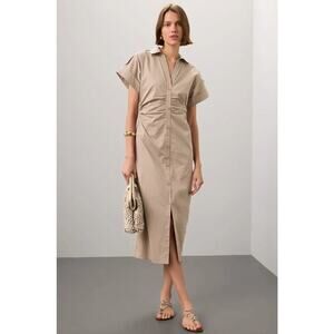 Saunders Beige Ruched Shirt Dress Belted Long Sleeve Casual Chic Sz 16